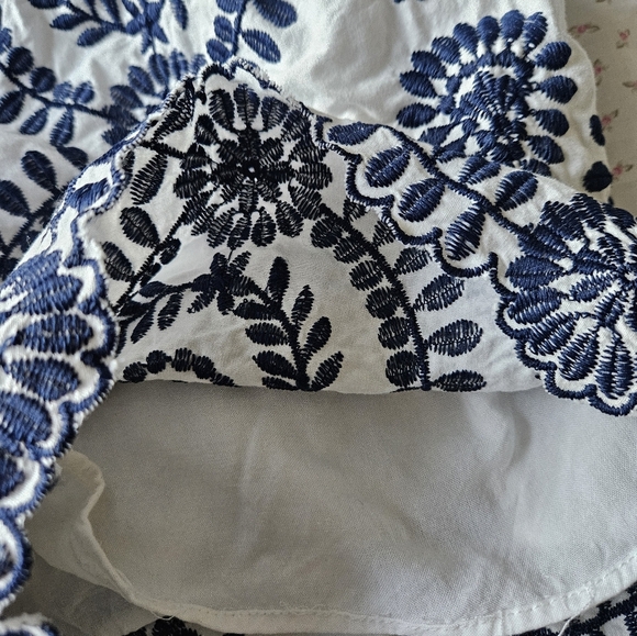 White And Navy Blue Embroidered Off The Shoulder Shorts Romper/ Jumpsuit - Picture 6 of 8